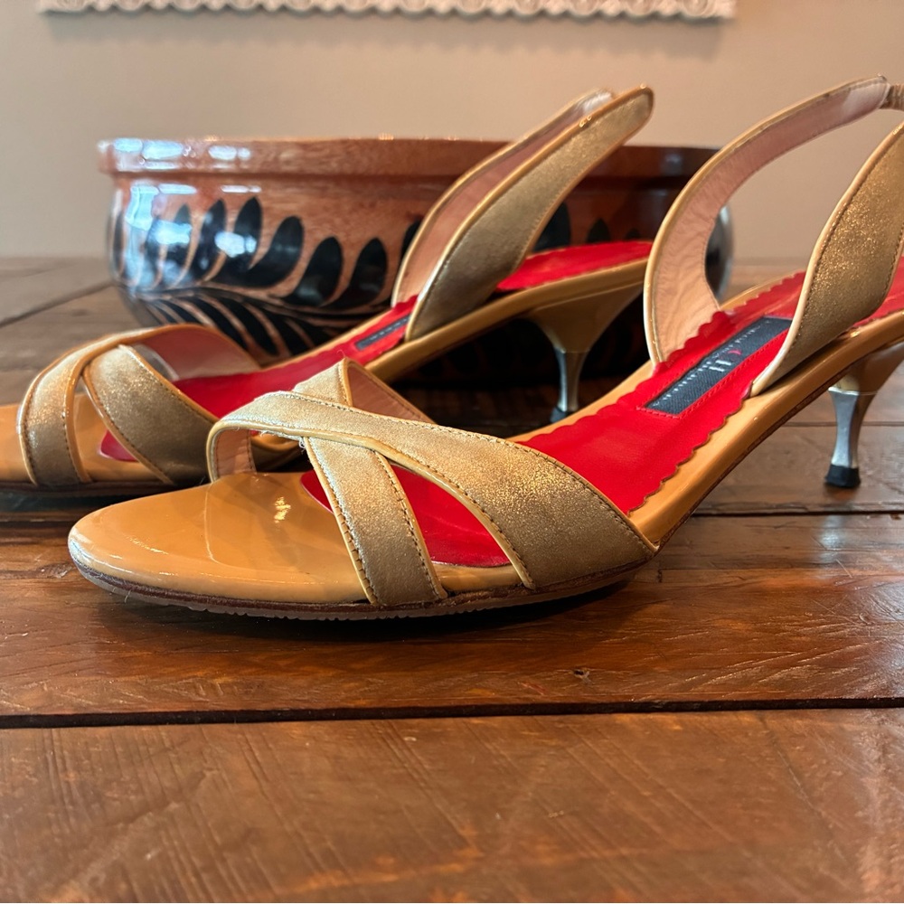 Carolina Herrera Gold Cream Sandals with Kitten Heel